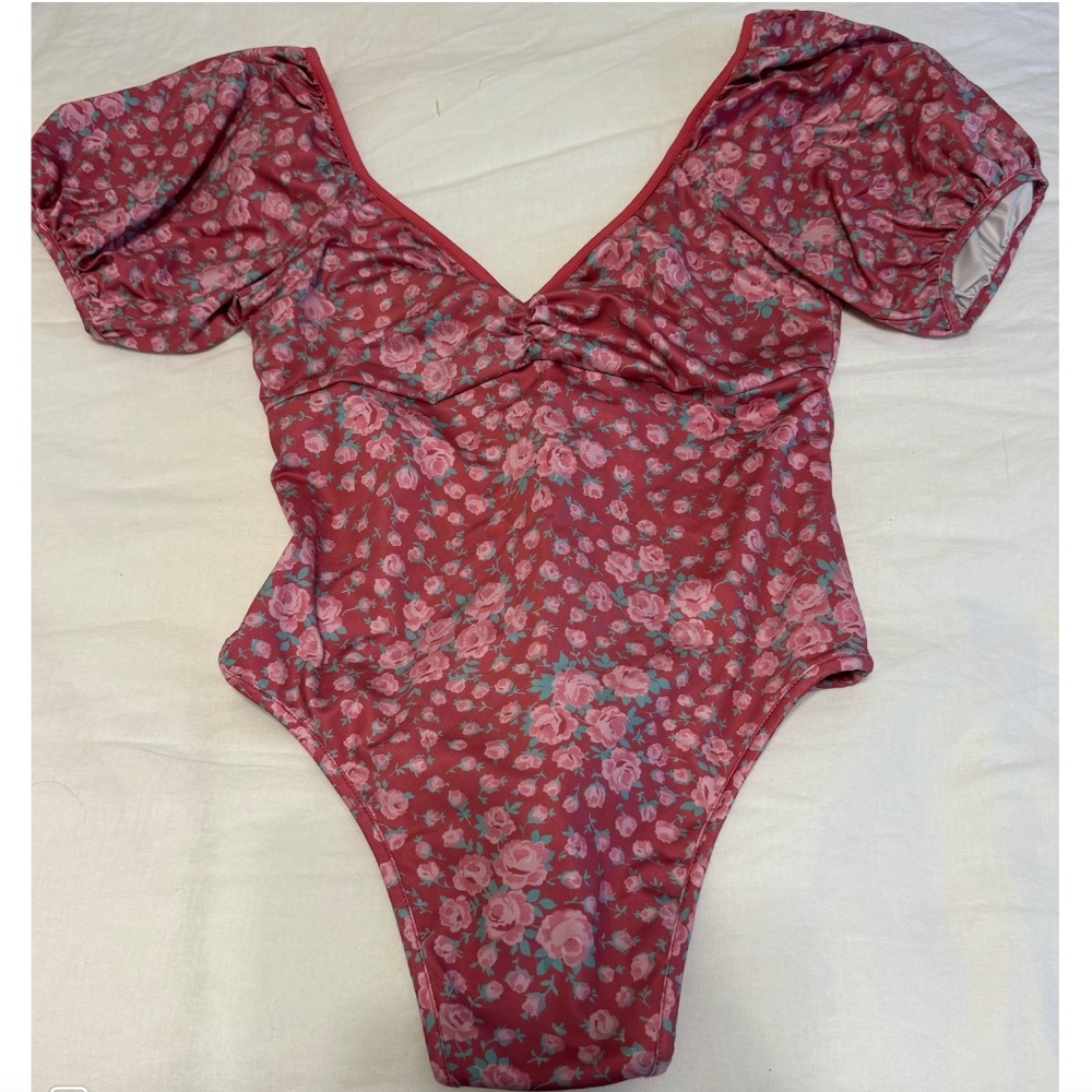 LoveShackFancy Puffed Sleeve Floral One Piece - Maroon & Pink - Small - $199